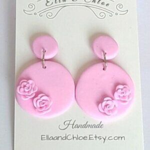 Pink Round Boho Spring Summer Circle Floral Flower Drop Statement Earrings